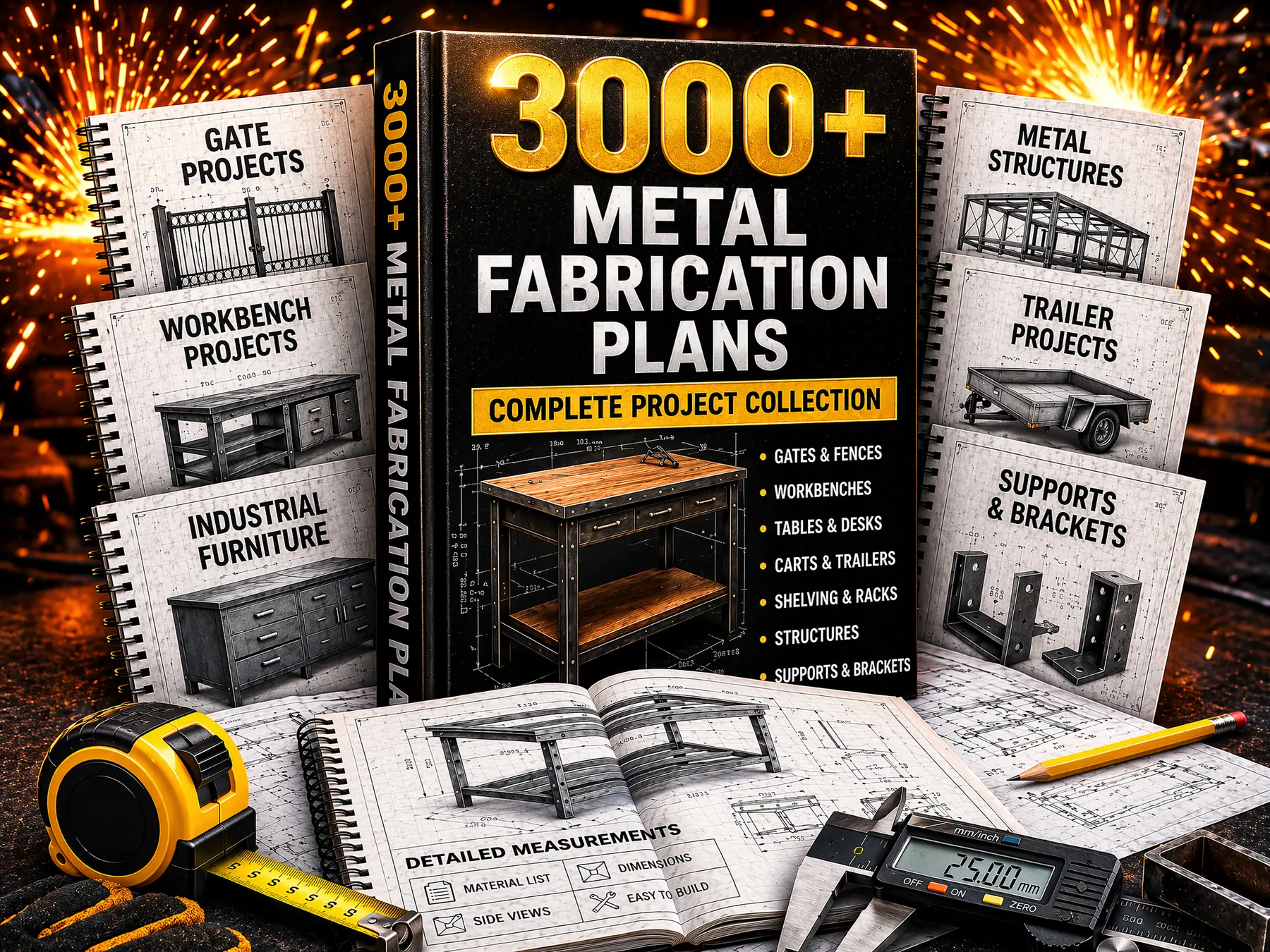 Metal fabrication plan collection on a workshop bench